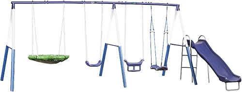 XDP Recreation Surf N Swing - Juego de 5 estaciones para niños al aire libre con tobogán de onda, súper disco, columpio de tabla de surf, columpio