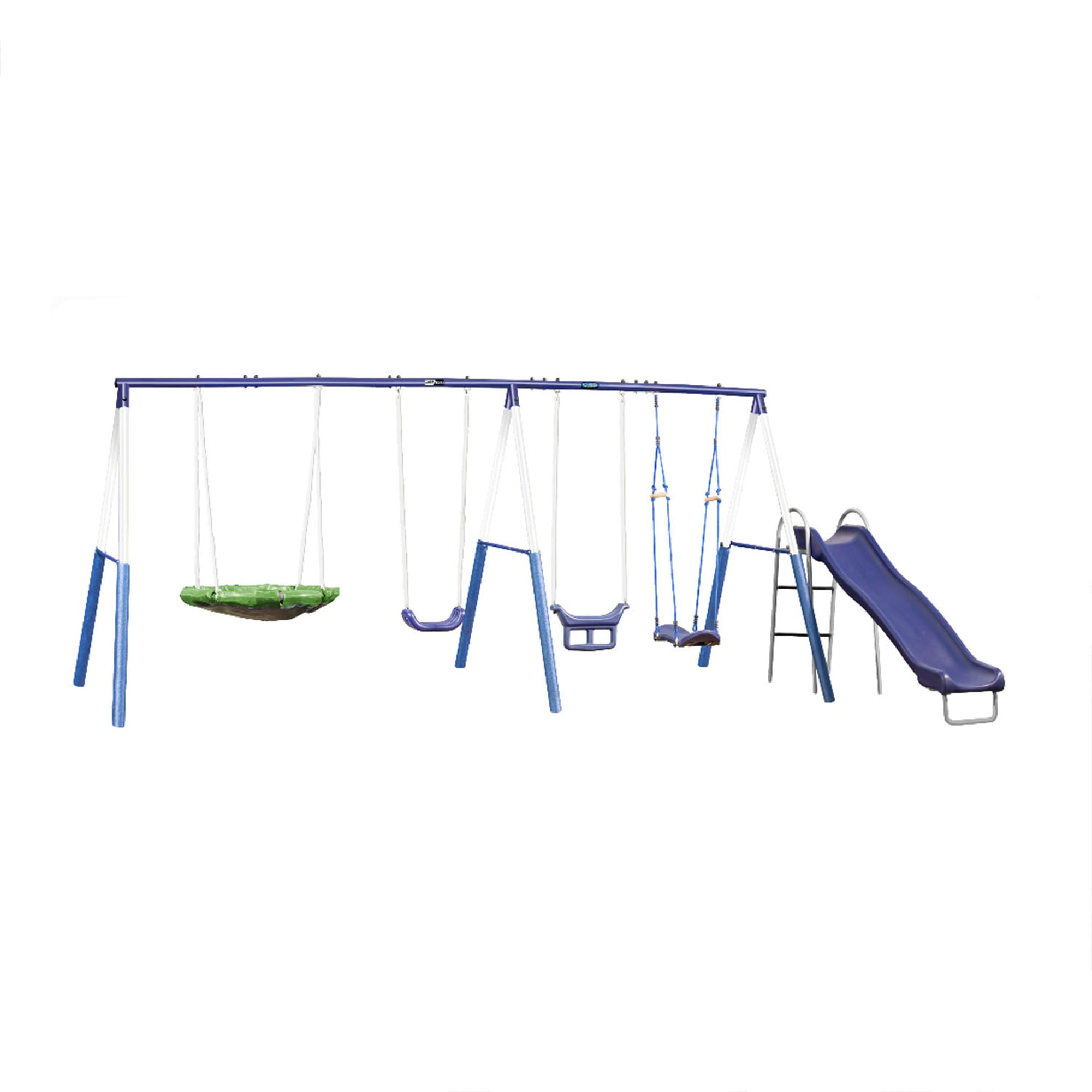 XDP Recreation Surf N Swing Painted Steel 5 Station Kids Outdoor Backyard Swing and Play Set with Wave Slide, Foam Leg Guards, and Hardware, Blue