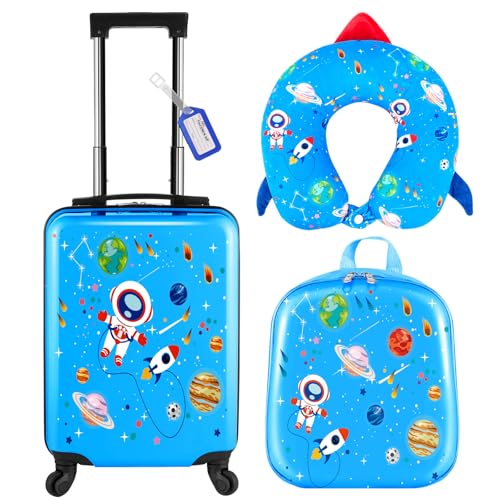 Sanwuta Juego de 4 Piezas de Equipaje para niña con Ruedas y Etiqueta de Nombre, Mochila para el Cuello, Almohada, Azul cósmico, 17 Pulgadas, Estilo Astronauta