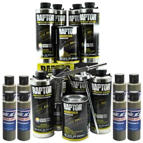 Image of Raptor Truck Bed Liner Kit with Colored WWII Olive Drab #34088 Tint and Spray Gun - 8 Liters - Protective Spray On Paint for Coating Trucks, Tailgates, Vehicle Undercoating - Tintable Bedliner Formula