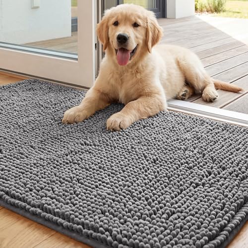 Image of H.VERSAILTEX Dog Door Mat for Muddy Paws Absorbent Dirt Trapper Non Slip Quick Dry Washable Chenille Mats for Dogs Entry Rug for Indoor Outdoor (Grey, 24 inch x 36 inch)