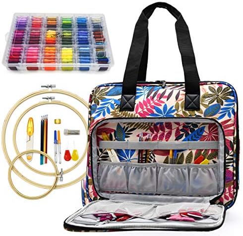 ATTERET Full Range Embroidery and Cross Stitch Starter Kit with Premium Storage Organizer Bag, Includes 99 DMC Coded Cotton Threads, 9 Metallic Floss, 3 Hoops, Needles, Scissors + More (Floral)