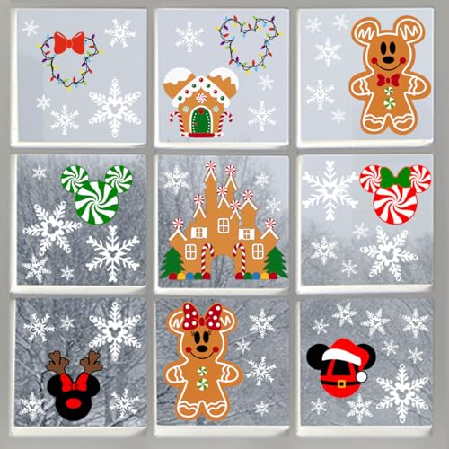 9Sheets Christmas Window Clings Gingerbread Party Decorations Ginger Bread Man Mouse Castle Snowflake New Year Winter Decor Merry Christmas Decals for Office Home Hotel Decorations