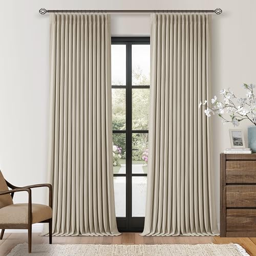 Oatmeal 105 Inch Blackout Linen Pleated Curtains for Bedroom Living Room