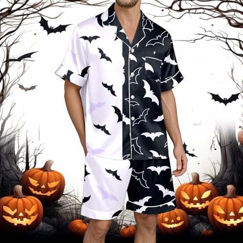 Pumpkin Face Pajamas Mens Loungewear Sets Halloween Graphic Short Sleeve And Shorts Sleepwear Set Button Down 2 Piece2