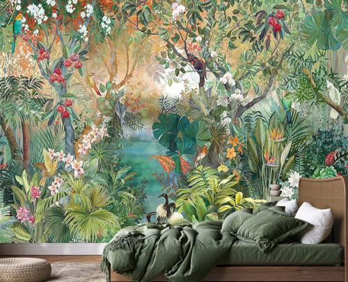 Jdayda Tropical Plant Forest Wallpaper Mural Animals and Flowers Jungle Landscape Wall Mural for Bedroom Living Room Bathroom