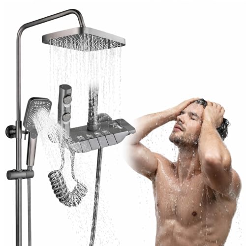 TAZEET Piano Key Shower Set with Rain Shower Head & Hand Shower Thermostatic Bathroom Shower Set with Shattaf Tub Spout 4-Function Wall Mount Anti-Scald 38C Safety Stop Grey