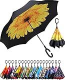 BAGAIL Double Layer Inverted Umbrellas Reverse Folding Umbrella Windproof UV Protection Big Straight Umbrella for Car Rain Outdoor with C-Shaped Handle (Sunflower)