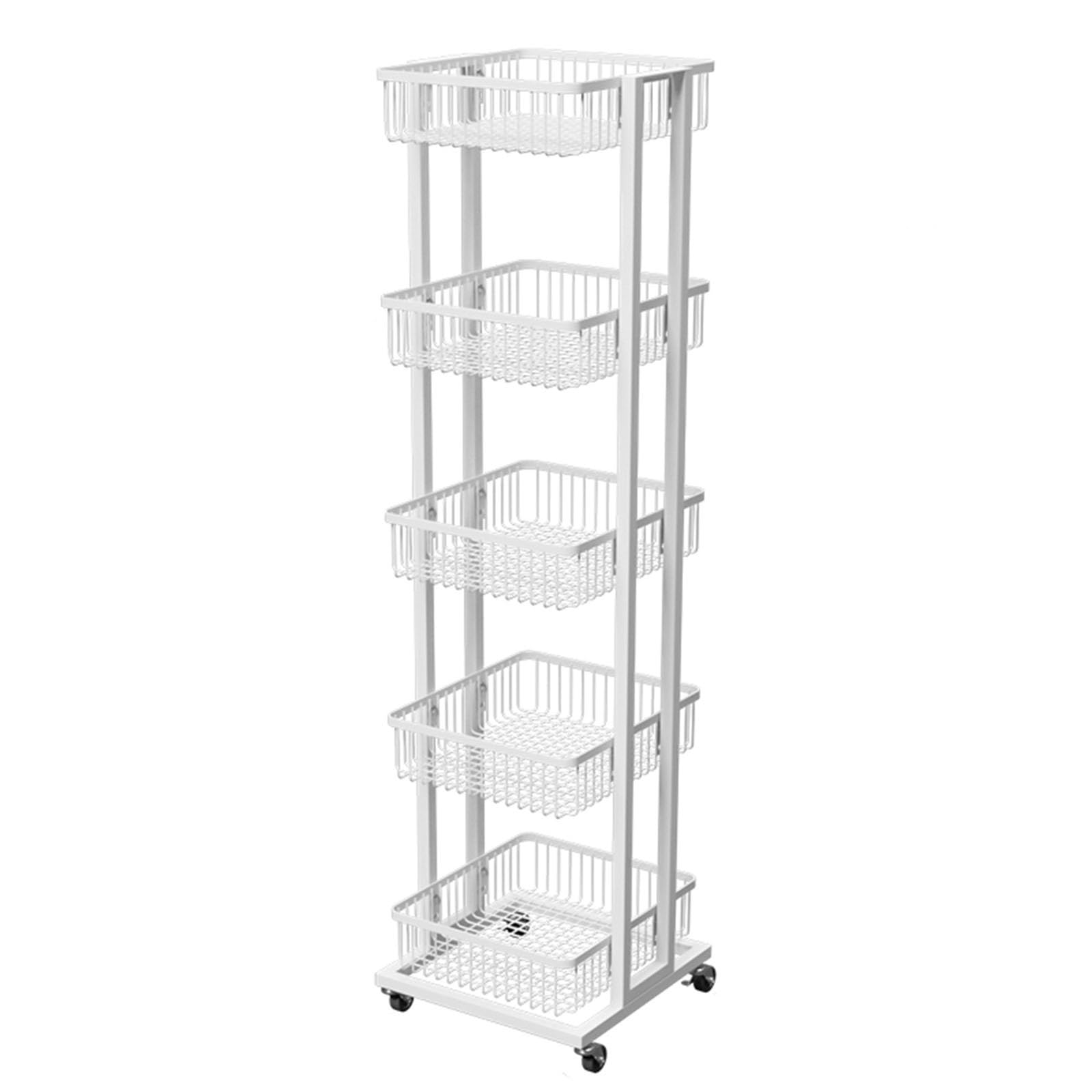 Carrello portaoggetti in metallo a 5 ripiani, regolabile, per frutta, verdura e bevande, scaffale mobile su ruote per dormitorio, cantina e negozio, versatile ripiano in filo metallico (colore: bianco