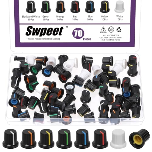 Swpeet 70Pcs 7 Colors 15x14mm D Type Potentiometer Control Knob Assortment Kit, Plastic Potentiometer Volume Control Rotary Knob, 6mm Knurled Shaft Insert Potentiometers Rotary Knob