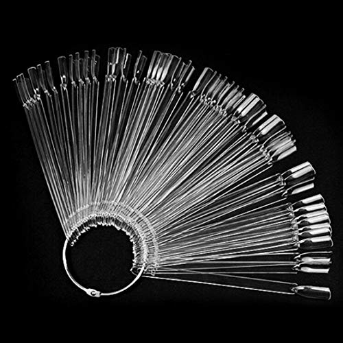 KEKJORY 50 / Set Nail Art Tips Display Práctica Sticks en Forma de Abanico Muestras de Esmalte de uñas Color de la Muestra Muestra Nail Art Practice Tools Transparente con Anillo de Hierro