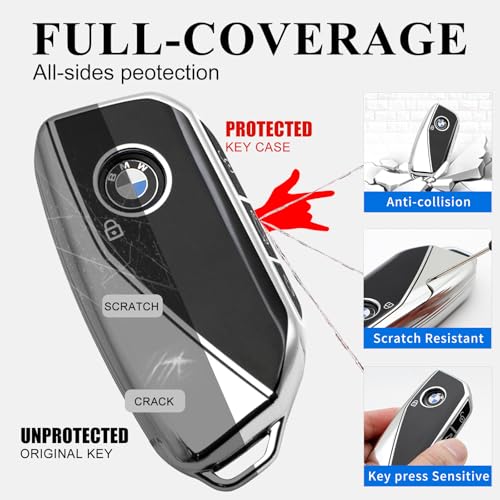 Image of Creativity For BMW X5 Key cover and Key chain accessories (Silver set) | Advanced soft TPU key Case Suitable for BMW 2023-2026 New 5 7 Series iX XM IX3 i7 X1 X5 X6 X7 key