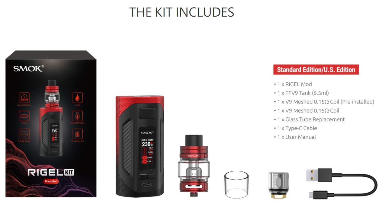 Smok Rigel Kit | Original Smok 230W Rigel Box Mod avec 6.5ml TFV9 Tank V9  Meshed Coil Electronic Cigarette Vaporizer : Amazon.fr: High-Tech