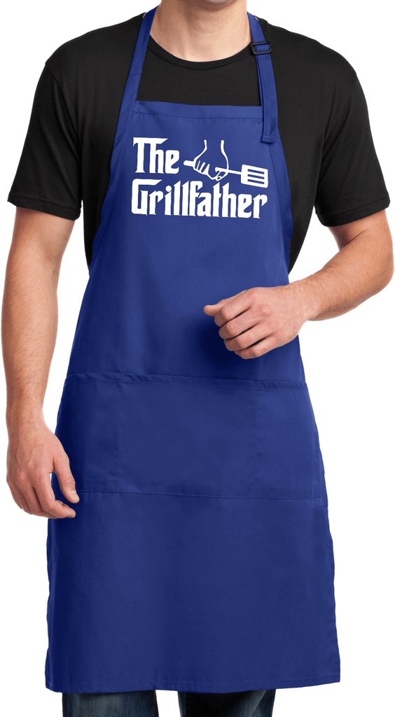 Mens The Grillfather (White Print) Full Length Apron with Pockets, Royal