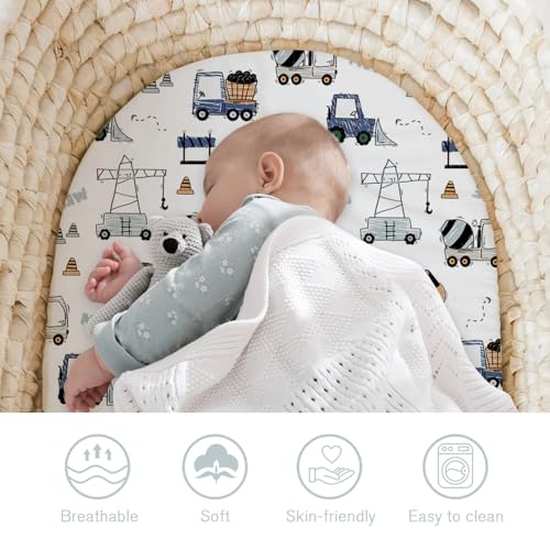 Image of Little Grape Land Bassinet Sheets for Baby Boys Girls 3 Pack, 33 inch x 18 inch Extra Soft Breathable Fitted Bassinet Sheets, Bedside Sheets Fit for Oval Rectangle and Hourglass Bassinet Mattress (Truck)