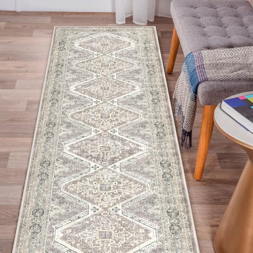 KUTA Oriental Medallion Washable Runner Rug 2.6x14 Ivory Grey Yellow, Non-Slip Hallway Kitchen Rugs with Rubber Backing, Ultra Soft Printed Distressed Farmhouse Long 14ft Runners for Bedroom