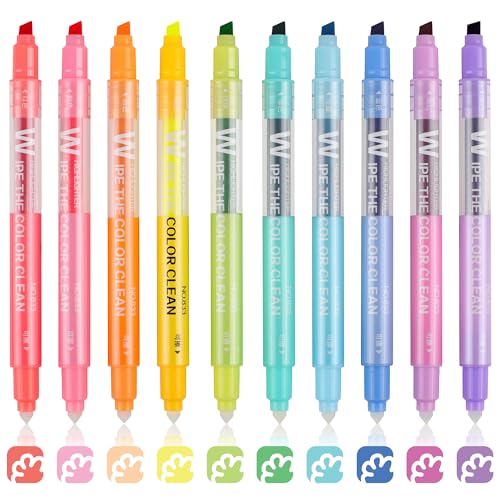 Erasable Highlighters, Dual Tip 10 Pack Highlighters Assorted Colors Erasable, Smooth Writing Book Journaling No Bleeding Highlighter Pens for Bible Journal Planner