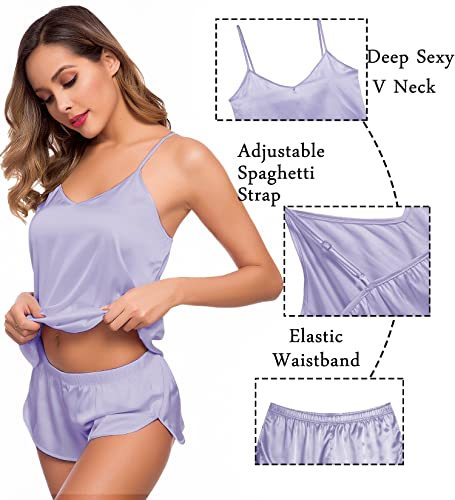 Image of SWOMOG Womens Silk Satin Pajamas Sets 4pcs Sleepwear Sexy Cami Shorts Set and Button Down Short Sleeve Pjs Loungewear Lavender X-Large
