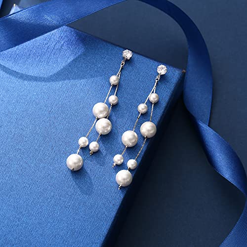 EleQueen Simulated Pearl Ball Dangle Earrings for Women, Cubic Zirconia Long Chain Jewelry for Wedding Party4