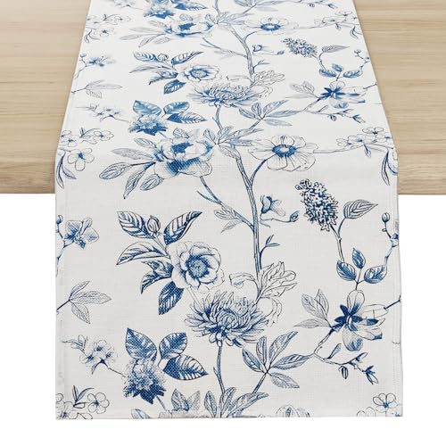 Rotumaty Blue and White Floral Table Runner - Monochrome Sketch Flowers Chinoiserie Peony Daisy Decor Summer Spring Seasonal Home Decorations for Kitchen Dining Table Party Ornaments 13 × 72 Inch