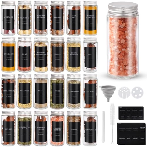FoiiLiio 24er Gewürzgläser Rund Set mit Streueinsatz, 120ml Gewürzdosen Glas, Gewürzbehälter Spice Jars, Gewürze Aufbewahrung, Gewürz Organizer, Gewürzaufbewahrung mit Etiketten & Silikontrichter