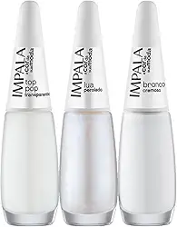 IMPALA Kit Francesinha, 3 Esmaltes 7.5ml, Top Pop Transparente, Lua Perolado, Branco Cremoso, para Manicure Profissional