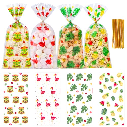 50Pcs Hawaiian Tropical Cellophane Treat Bags - 5x11 Inch Pineapple Flamingo Goodie Bags with 60 Twist Ties Clear Plastic Candy Bag for Luau Beach Summer Party Favors Tiki Bar & Jungle Theme Supply