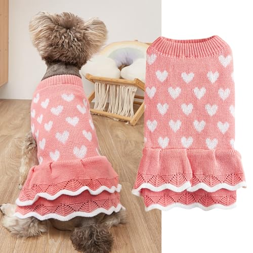 Winmany Valentines Day Dog Sweater Small Medium Cats Dogs Red Pink Heart Dress Pet Winter Turtleneck Pullover Knitwear (Pink, M)