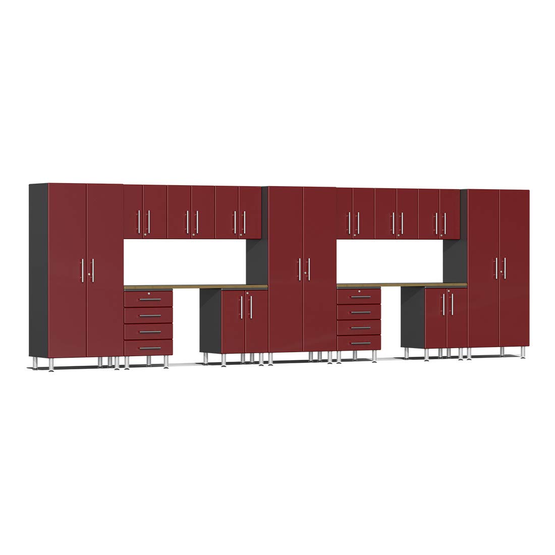 Ulti-MATE UG22152R 15-Piece Garage Cabinet Kit with Bamboo Worktops in Ruby Red Metallic