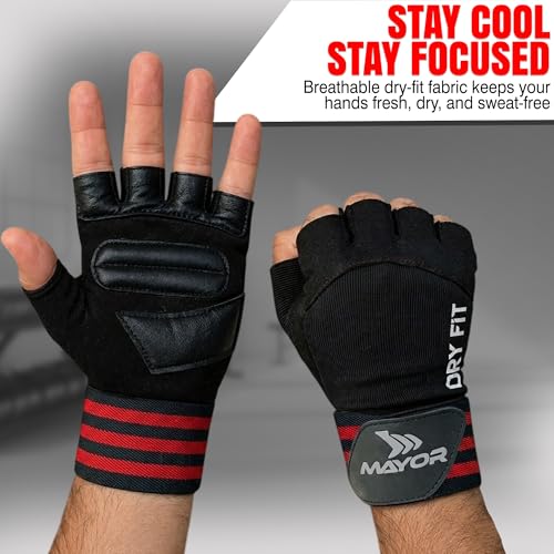 Image of Mayor Premium Dryfit Gym Gloves for Men & Women with Wrist Support Accessories for Weightlifting, Training, Exercise, Cycling Gloves, Bike Riding Gloves, Polycotton Blend (Red /Black)