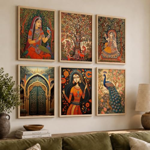Image of kotart Premium Digital Madhubani Art Paintings with Frame for Home Decor - Framed Painting for Living Room Bedroom Office Room Decor - Painting for Wall Decoration - Pack of 6 (13X17, A)