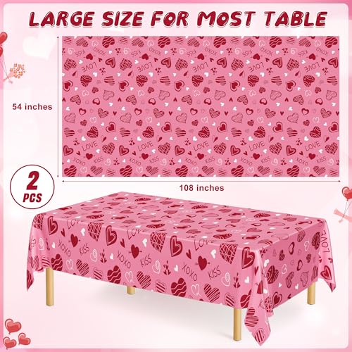 Image of 2 Pack Valentines Tablecloth, Disposable Romantic Love Tablecloths, 54 inch X 108 inch Plastic Valentines Decorations, Red Pink Galentines Decorations, Heart-shaped Table Cloths for Love Engagement Party