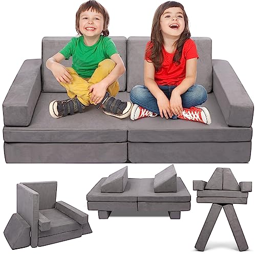 Betterhood Modular Kids Play Couch Child Sectional Sofa Imaginative Furniture Play Set for Creative Kids,Toddler to Teen Bedroom Furniture,Girls and Boys Playroom Convertible Sofa Grey