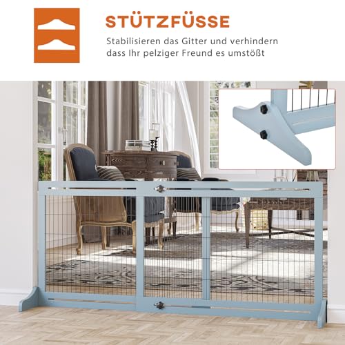 PawHut Hunde Absperrgitter aus Holz, Ausziehbares Türschutzgitter mit Fußstütze, Freistehendes Hundegitter, Treppenschutzgitter, Hundeabsperrgitter für Kamin, Ofen, Graublau, 104-180 x 36 x 69 cm