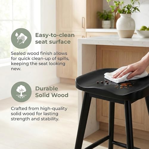Image of HNY Backless Black Bar Stools Set of 4, Modern Counter Height Barstools 24 Inch Rustic Farmhouse Bar Height Saddle Stools with Ergonomic Seat, Wooden Stools for Kitchen Counter Island