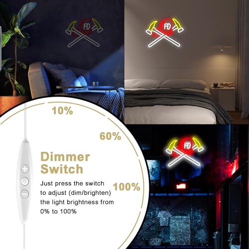 Image of Mutank Firefighter Helmet Neon Sign, USB Powered Fire Department Symbol Sign Dimmable LED Light, for Fire Department Axe Wall Art Emergency Services First Responder Wall Decor(12.9 * 10.2 In)
