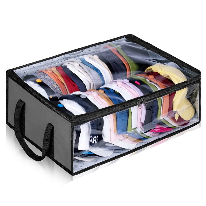 Transparent Non-Woven Hat Storage Foldable Bag – Large Capacity Cap Organizer with Handle for Baseball Hats, Beanies & Cowboy Hats (Grey,16.1 x 5.5 x 19.7 Inch)