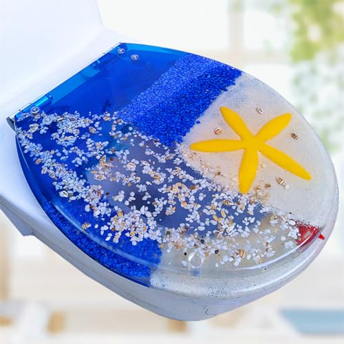 Żywiczna deska sedesowa podłużna, 16,5" × 14,2 cala Ocean dekoracyjny pokrowiec na deskę sedesową z antypoślizgowymi zderzakami, bez trzaskania, powoli zamykająca się deska sedesowa, szybkie zapięcie