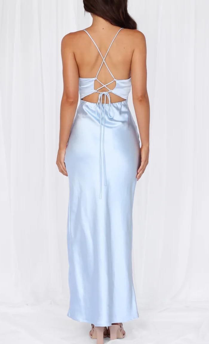 Summer Satin Spaghetti Strap Backless Maxi Dress for Women Formal Silk Tie Back Wedding Guest Dress with Slit