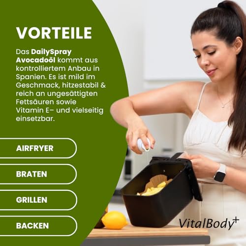 VitalBody+ DailySpray Avocadoöl – 2 kcal Ölspray für Airfryer, Braten & Grillen – Kalorienarm Kochen – Non-stick Cooking Spray, 800 Portionen