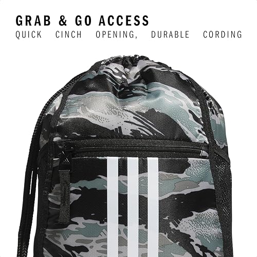 Image of adidas Alliance Sackpack, Drawstring Backpack, Lightweight Small Gym Bag for Women and Men, Essential Camo Silver Green-black /White /Black /2.0, One Size, Alliance Sackpack, Drawstring Backpack