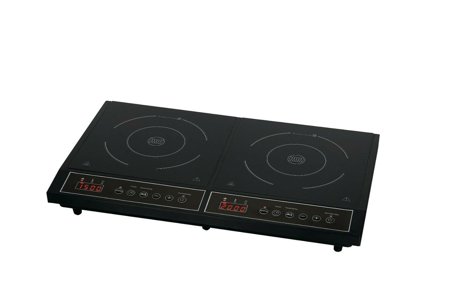 Tarrington House Placa de inducción doble DIC3500, acero inoxidable/vitrocerámica, 3500 W, 10 niveles de potencia, máx. 240°C, detección automática de sartén, pantalla LED, temporizador, negra