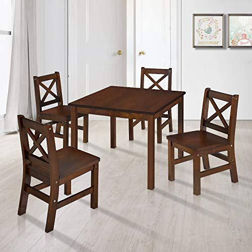 eHemco Solid Hard Wood Kids Table and Chair Set (4 Chairs Included), Coffee, 5 Piece Set