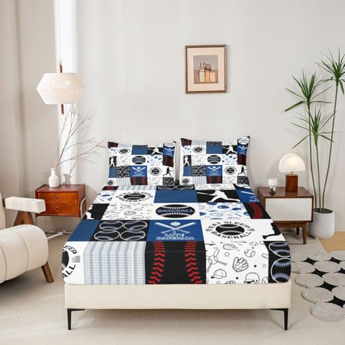 Image of Castle Fairy Patchwork Baseball Fitted Sheet Set King Size 4 Pcs,Sports Geometric Grid Blue Teens Sheets,Baseball Bedding Sets (1 Fitted,1 Flat,2 Pillowcases)