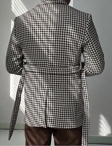 Men's Houndstooth Blazer Jacket with Belt Double Breasted Fall Spring Sport Coat for Business Casual3