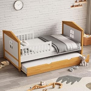 Twin Size House Shape Bed with with Trundle and Safety Fence Guardrails Bed Toddler Bed for Girls Boys,No Box Spring Needed, Walnut and White Twin Size House Shape Bed with with Trundle and Safety Fence Guardrails Bed Toddler Bed for Girls BoysNo Box Spring Needed Walnut and White