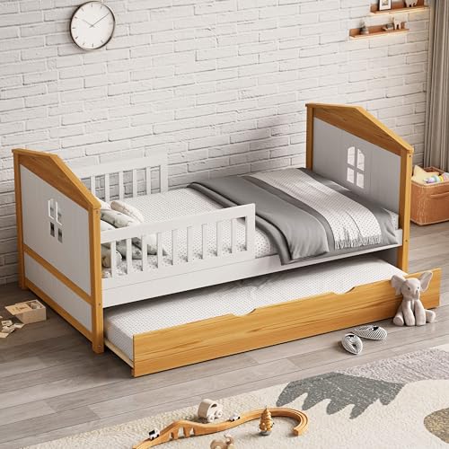 Twin-Size-House-Shape-Bed-with-with-Trundle-and-Safety-Fence-Guardrails-Bed-Toddler-Bed-for-Girls-BoysNo-Box-Spring-Needed-Walnut-and-White Twin Size House Shape Bed with with Trundle and Safety Fence Guardrails Bed Toddler Bed for Girls BoysNo Box Spring Needed Walnut and White