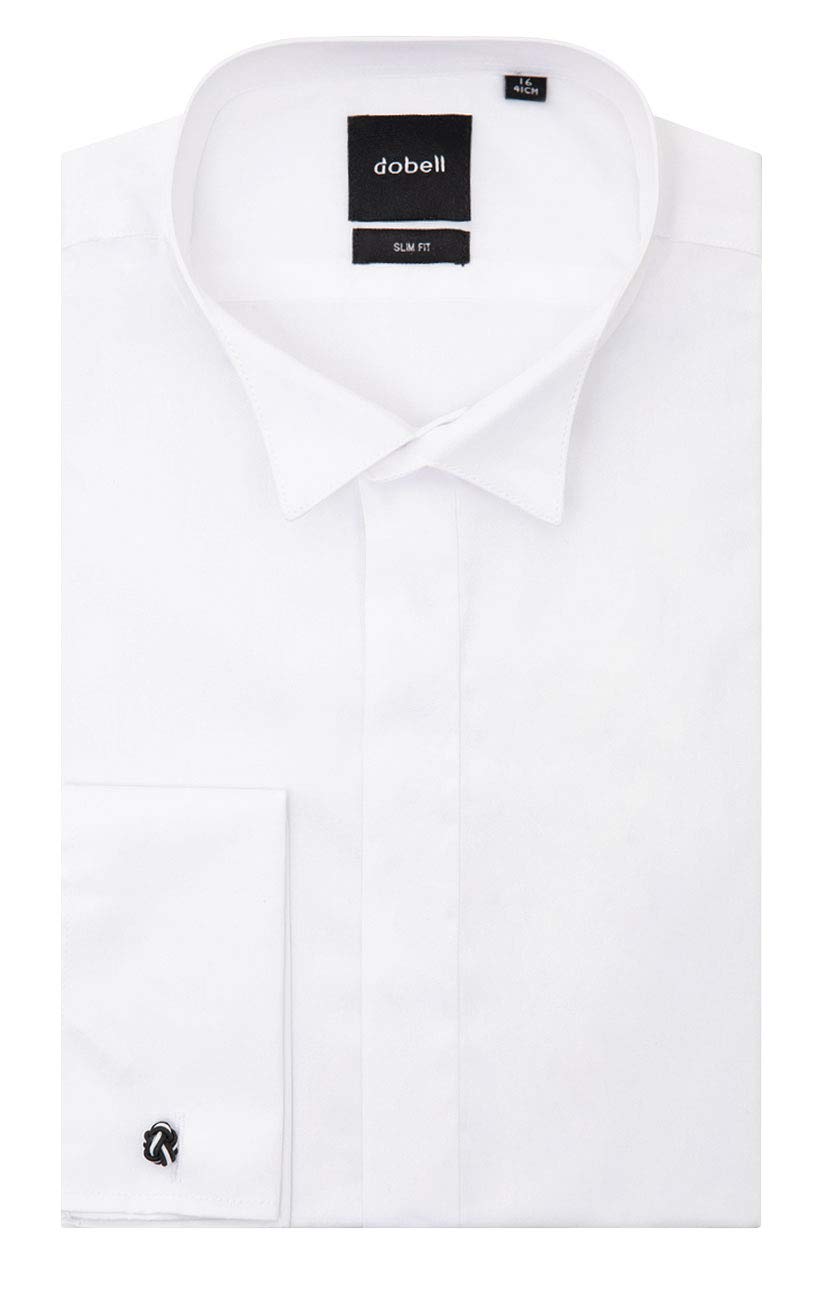 Dobell Mens White Tuxedo Dress Shirt Slim Fit Wing Collar Double Cuff Plain Fly Front-15.5