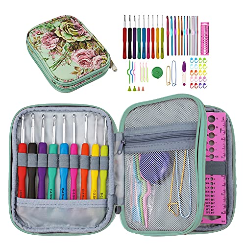 Katech Crochet Hooks Kit with Storage Case, 60 pcs Knitting Accessories Ergonomic Crochet Hook Knitting Needles Set DIY Hand Weave Yarn Knitting Tool for Knitting Hat, Cap, Bag, Scarf, Sweater (Green)