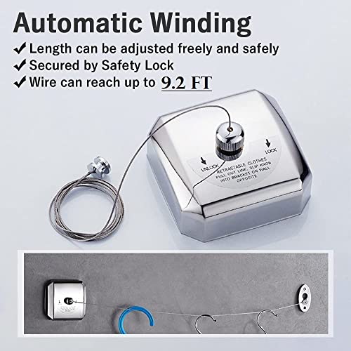 Image of LAFILLETTE Retractable Stainless Steel Clothesline, Clothes Line Dryer with Adjustable Nylon Rope String for Hanging Drying Bathroom, Laundry, Hotel, Indoor & Outdoor (Square), 1 Piece, Silver